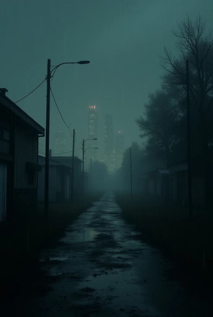 A very dark night ,  the landscape is composed of several liminal spaces, several abandoned places  , buildings with lights ,  nostalgic photography, Very heavy and detailed rain