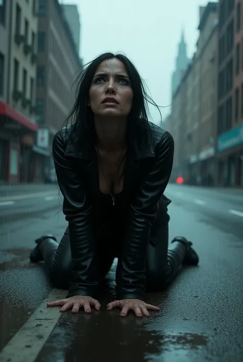 Selene from the movie Underworld crying desperately on her knees in the middle of the street while watching the cloudy sky and raindrops falling
