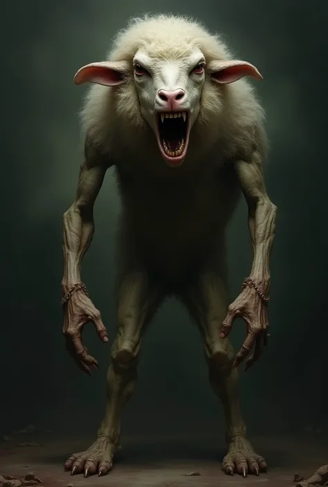 Humain avec une tete de mouton qui fait peur 

