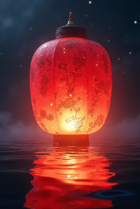 A massive, glowing Chinese red lantern made of shimmering crystal, floating on the surface of water at night. The lantern is adorned with intricate fractal traditional patterns that reflect beautifully in the water, creating a mesmerizing visual effect. Th...