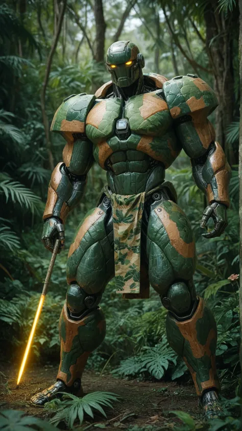 A colossal Brazilian robot with jungle camo patterns in metallic green, yellow, and blue, wielding a huge energy spear inspired by traditional Amazonian designs.Alta resolução, 