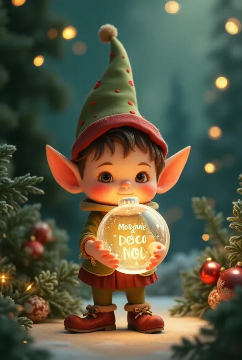 Little elf holding a transparent Christmas ball with the name Morgane deco Noël 