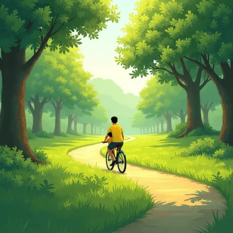 Illustration style. A very wide patch of lush grass with a pathway, a simple middle-aged 30 year old father in Taiwan rides a bicycle, the  sits on the back of the bicycle, their backs are turned to the viewer as they walk along the winding pathway. The  i...