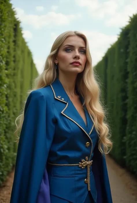 Fleur stands in front of a hedge labyrinth under a clear sky. Her long blond hair and she wears elegant Beauxbatons uniform ,  which is in a bright blue and is often combined with a cape or robe.. She is a half-veela ,  which gives her a particularly appea...