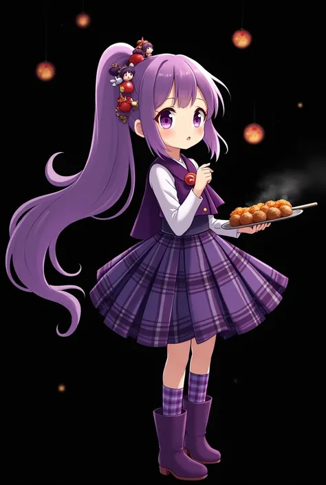  a purple long hair in a barbecue， A ponytail is flying high， a lot of cute doll hair ornaments，Japanese  little sister ， wearing a purple plaid dress skirt ， Long Purple Plaid Socks，Purple Boots ，very cute，Going through Mid-Autumn Festival ，燒烤中