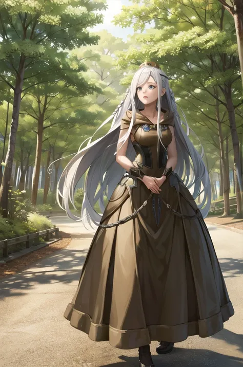 Art board, Best quality,  highres icon, with.mweob , white hair,  double braids,  headband , , a long fluffy golden dress , There are trees next to him , The status of ,  cowboy shot , , you walk,, golden lace decorations, a fluffy golden dress encrusted w...