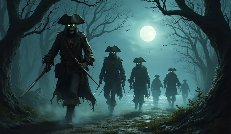 Zombie pirates in a dark forest with the moon and the sea in the distance