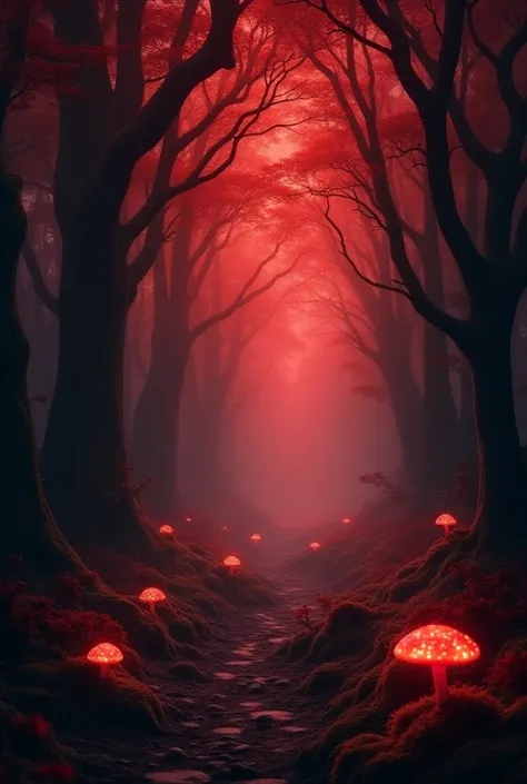 Create a forest that emits a slight red light