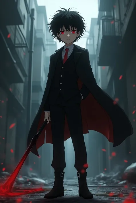 ((Artwork)), (Well detailed), ((8K)), (anime_Soul_Eater style), 1youngboy, curly black hair, red iris color, with a small black goatee, wearing a black suit with a red tie, wearing a loose black coat, holding black scythe, wearing black boots. (Abandoned_h...