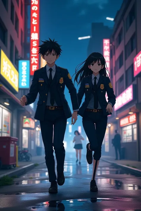 anime police boy and girl chasing in the street night