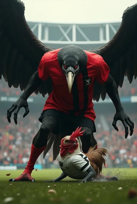 A giant vulture dressed in a red t-shirt with black stripes  , with red eyes eating a Rooster wearing a white t-shirt with black stripes  ,  vulture looking furious with huge wings ready to fly in a soccer stadium with sharp claws