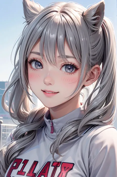 ( BEST QUALITY , Hi-Res,8k,inelity detailed background, Masterpiece:1.2), Beautiful Girl,( glossy romance gray hair:1.3),(long hair:1.2),twin tail,Beautiful grey eyes,cheerleader,Big Breasts,Stadium,support,Gentle look,A refreshing look,Best quality, BEST ...