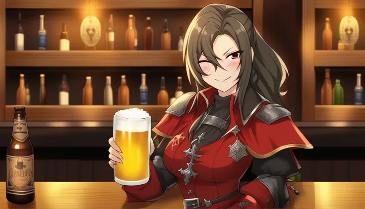 1 woman, adepta sororitas, having a beer, in a bar