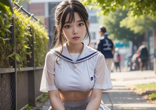 (Best Quality:1.4), (  super quality ), ( very detailedな),   one beautiful girl on the summer park sidewalk ,  very cute,  amazing face and eyes, Not realizing this, (A short-sleeved sailor suit made of thin fabric。, white, Very light fabric..,  feet 、Squa...