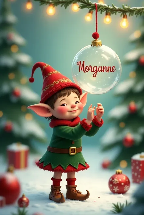 Little elf holding a transparent Christmas ball with the name MORGANNE on a Christmas background 