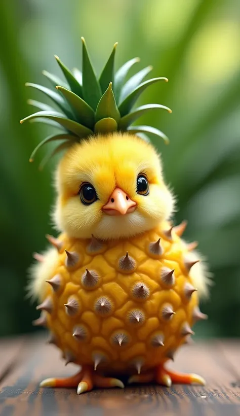 "An adorable chick with small, yellow feathers is dressed in a costume that makes it look like an exotic fruit. The chicks body is covered with a shell resembling the texture and color of a pineapple, featuring small, pointed brown spikes. On its head, it ...