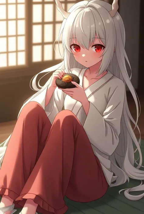 they, white hair, feminine , loose blouse with ,wide pants, slipper,  print eating snacks and sitting on the floor,  moody expression ,Scene of a Japanese house  , red eyes,Bright, lazy, demon,