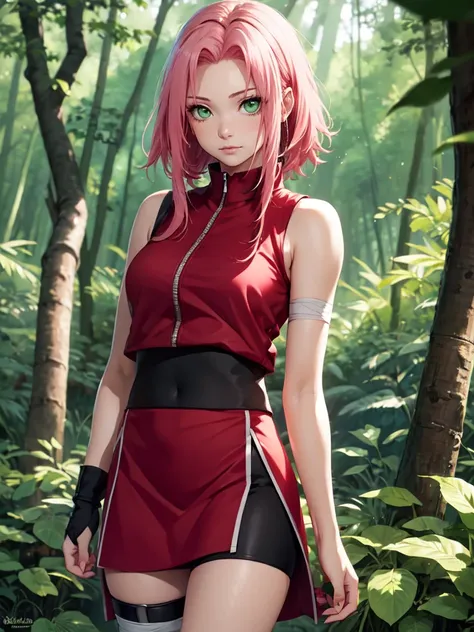 1 woman,  Sakura Haruno Naruto Shippuden,  Naruto Shippuden clothing , Red sleeveless shirt , red skirt ,  Bandage on his right thigh ,  Pink hair,  green eyes,  medium breasts ,  in a forest High resolution ,  masterpiece , necessary, Detail,  lyrics, 