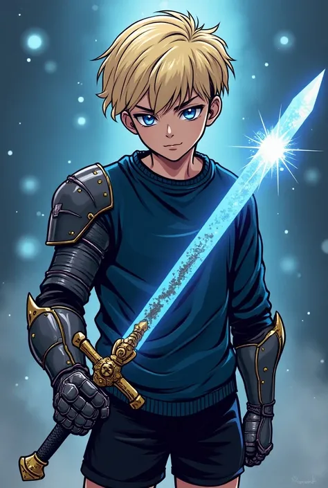 Comics panel , teenage girl ,eyes shining blue . He is wearing a dark blue sweater and black shorts , his hair is blond and is short , on his right arm there is dark-colored armor with gold details that covers his right arm from his shoulder to his hand an...