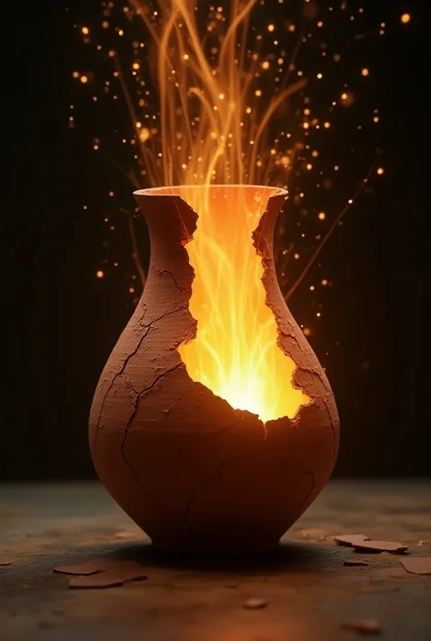 Bright light exploding from inside a broken clay vase