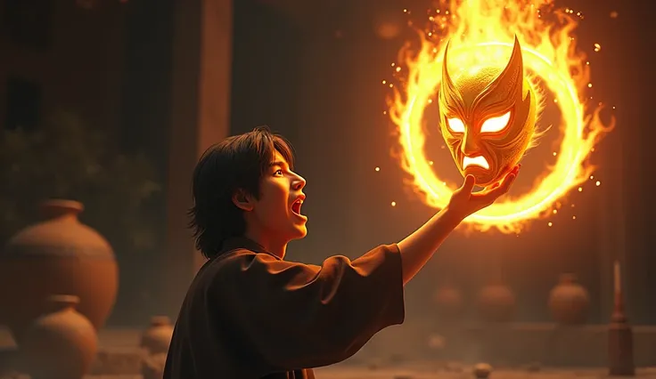 A surprised male character with shoulder lenth hair, dressed in black, is reaching out with his right hand, holding a glowing golden mask that has flames around it. The mask features exaggerated facial features, and behind him, there are blurred traditiona...