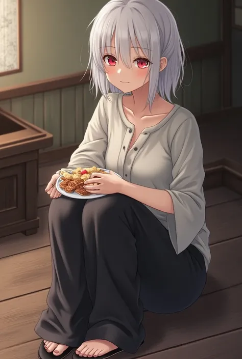 they, white hair, feminine , loose blouse with ,wide pants, slipper,  eating snacks and sitting on the floor,  moody expression ,Scene of a Japanese house  , red eyes,Bright, lazy, demon,brave face