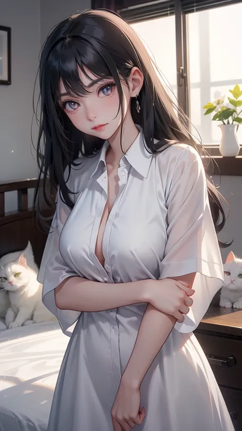 Young girl, ((Hugging white cat)), Long Black hair, Curly hair, Gray eyes, upper body,4k resolution, small breast, high quality cg, beautiful cg, soft light, office shirt, bed room, Looking at Viewer, black hair,c