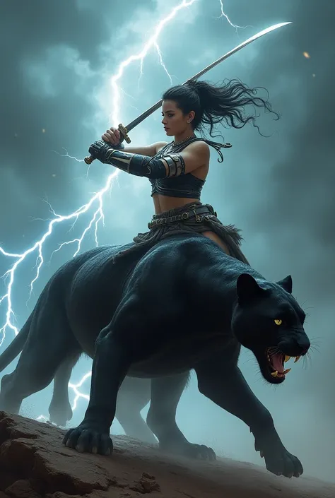 Warrior woman with sword fighting with lightning with a black panther at her side 