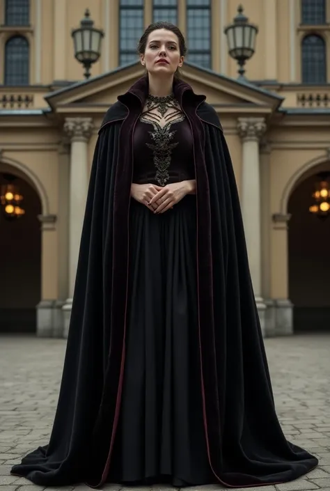  Olympe stands majestically in front of Beauxbatons Academy with an imposing posture .   Her robe is richly decorated and her presence radiates authority .  She is a French witch and the head of the International Wizarding Association.  tall and impressive...