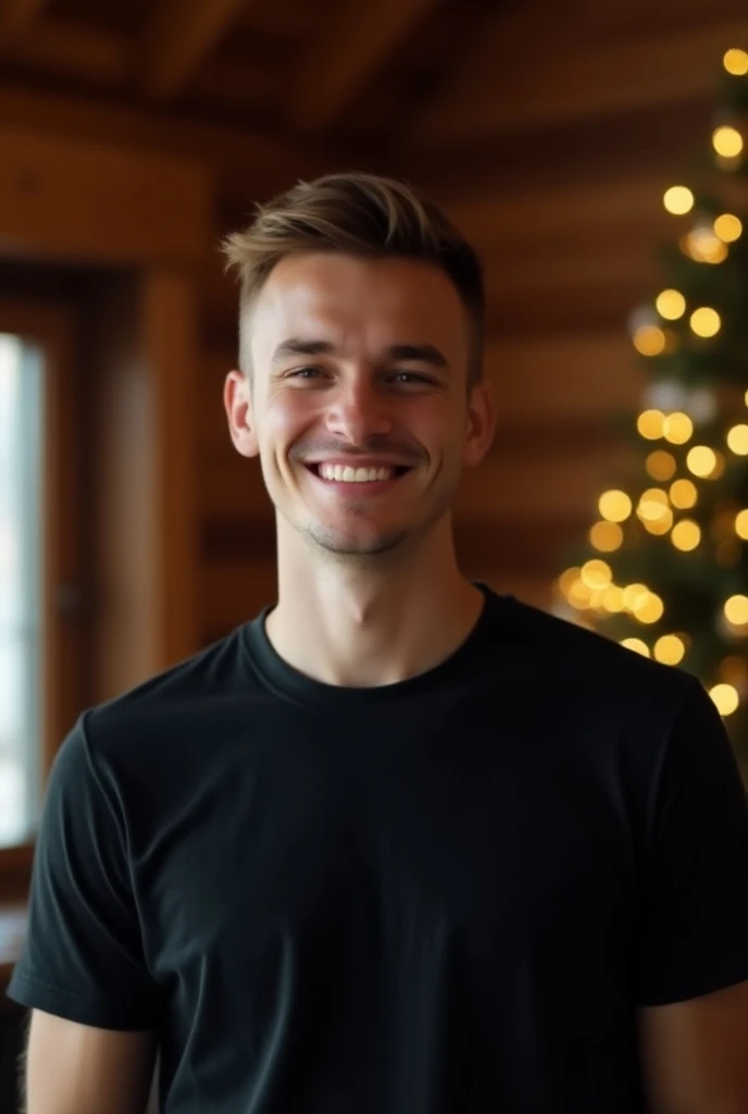  In Photo-Imaging of professional photorealistic images, ( Christmas cabin interior background), (wearing a medium black t-shirt, circular neck) A cute 25-year-old man with short hair smiling, cheerful atmosphere 
