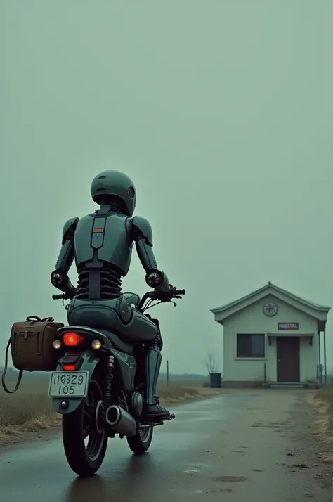 depressed robot on a motorbike with visiting bag infront of a small hospital