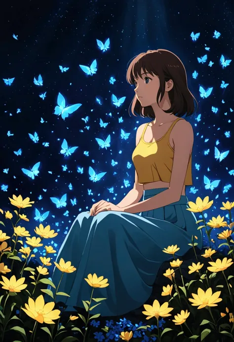 in ghibli anime style, a woman sitting on dark room, wearing yellow crop top creating glowing flowers spelling out the words "TENSOR_ART", glowing blue light, dynamic color, there is flowers scattered around her, depth of field, dynamic angle