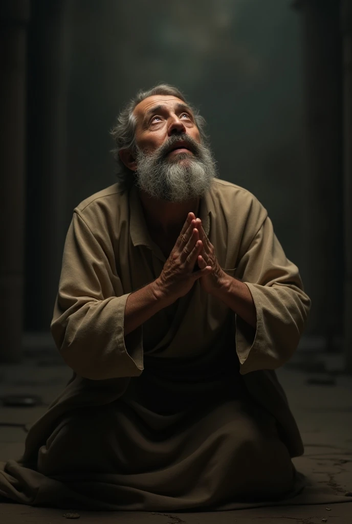 A man with a beard prays to God and cries