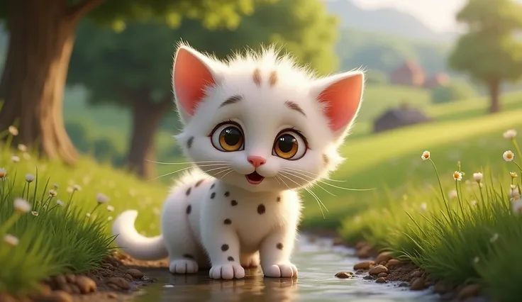 luke is a very cute and furry kitten with white fur full of spots in the shape of black dots, with brown eyes expressive feline characteristics expressive feline, he is on a farm with trees, green fields and a small stream, pixar style