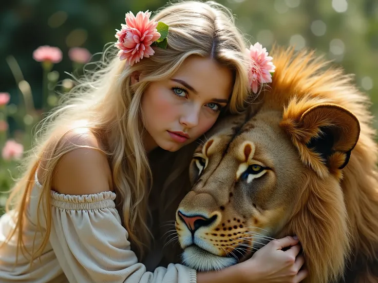 a serene, ethereal woman with flowing blonde hair adorned with flowers, resting her head lovingly on a lions mane.