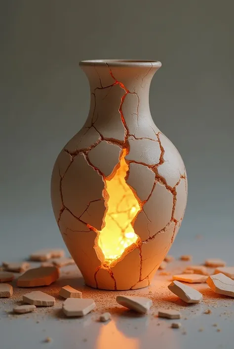 Shattered clay vase with bright light shooting through the cracks in the vase