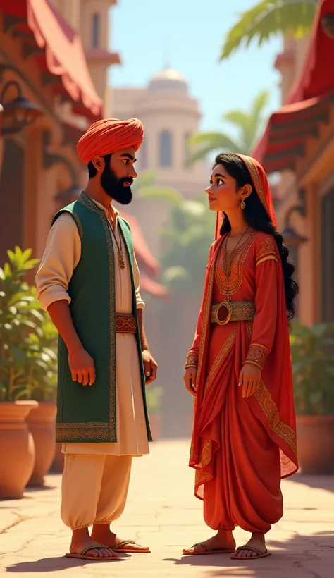 a pakistani shaven face pathan of 25 years old and a girl of 25 years old, pthan man wearing turban, talking, with tradtional dressing, disney pixar style image
