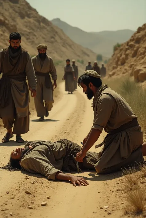 a Jew lying on the ground ,  while others cross a dirt road ,  another man crouches down to help another man who is lying on the ground, ancient biblical story scenario 