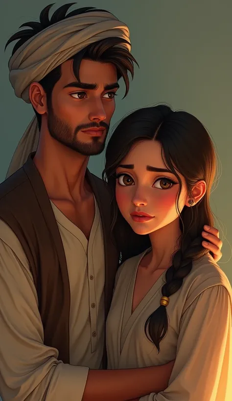 a pakistani shaven face pathan of 25 years old and a girl of 25 years old, pthan man wearing turban, sad mood, with tradtional dressing, disney pixar style image
