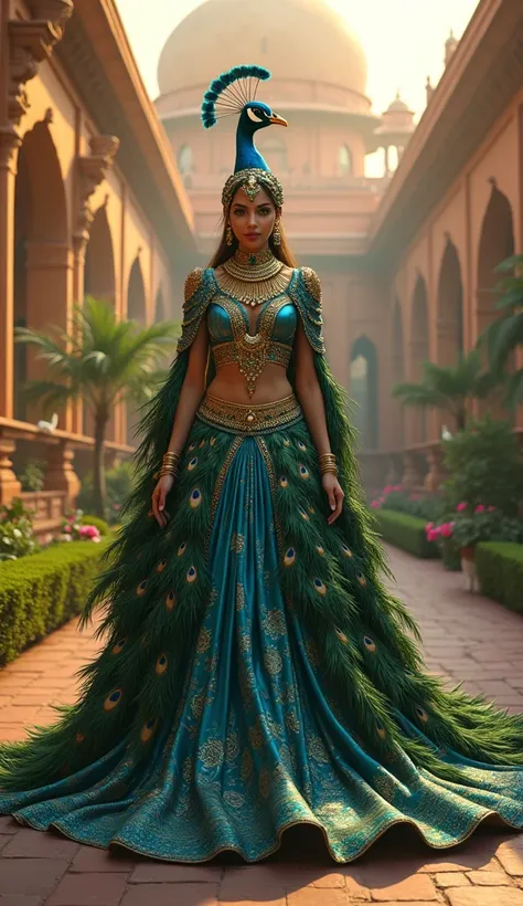 "(((Portray an hot anthropomorphic peacock queen))), reigning over the vibrant and mystical lands of India. Her royal attire blends traditional Indian aesthetics with the opulence of peacock plumage: a flowing lehenga in shades of iridescent blue, green, a...