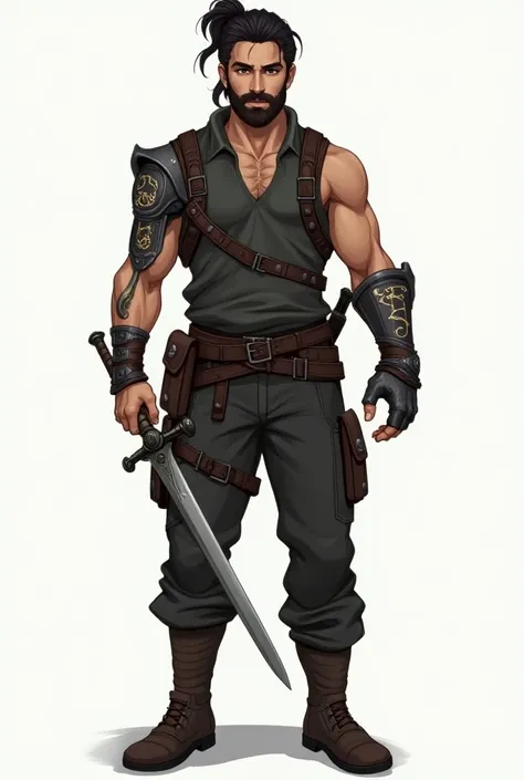 A full-body illustration of Lucas, a young human warrior with a lean, muscular build and an air of confidence. He has lightly tanned skin, dark wavy hair tied into a loose ponytail reaching past his shoulders, and a neatly trimmed beard that frames his str...