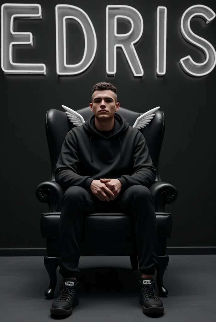 Create a 3D illusion for a profile picture where a19" Year old cute "male" in 
a black hoodie Sitting casually on a Wingback chair. Wearing sneakers, she looks ahead. The background 
features "EDRIS" in big and capital "blACK" neon light fonts on the dark ...