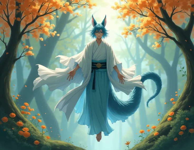 Make a man with oil green eyes , a pair of light blue fox ears with a dragon tail ,  light blue hair Barbary dark white kimono flaw floating among trees with orange and yellow flowers (not anime style)