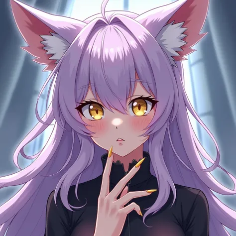 Attractive girl, lavender long hair with bangs, yellow eyes, kitsune, have fox ears, wears makeup, confident, long nails, long eyelashes, from my hero academia