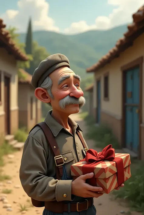 A very clear hd image "At his office, the postman carefully opens the gift. Inside, he finds a pair of slippers. He’s overwhelmed, his eyes tearing up as he realizes the   girl noticed he had been delivering mail barefoot.Show a rural setting, a small vill...