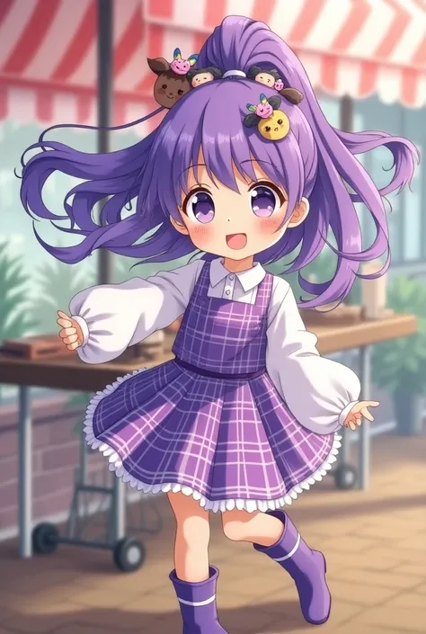  a purple long hair in a barbecue， A ponytail is flying high， Hair Lots of Cute Dolls Hairstyle Ornaments，Japanese  little sister ， Wearing Purple Plaid Dress ， Long Purple Plaid Socks ，Purple Boots ，very cute，Participating in a singing contest。Logo all ov...