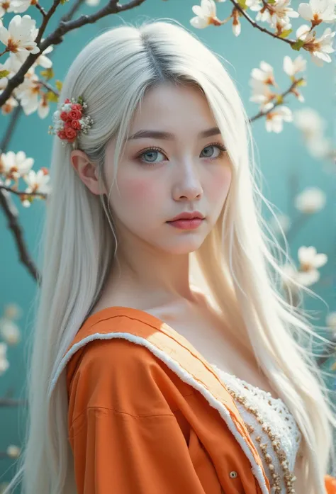 A hyper-realistic fantasy portrait of an East-Asian woman with long, flowing white hair, wearing an orange jacket with fur lining. Her skin is pale, and she has vivid blue eyes and soft red lips. Her hair is adorned with small red and white flowers. The ba...