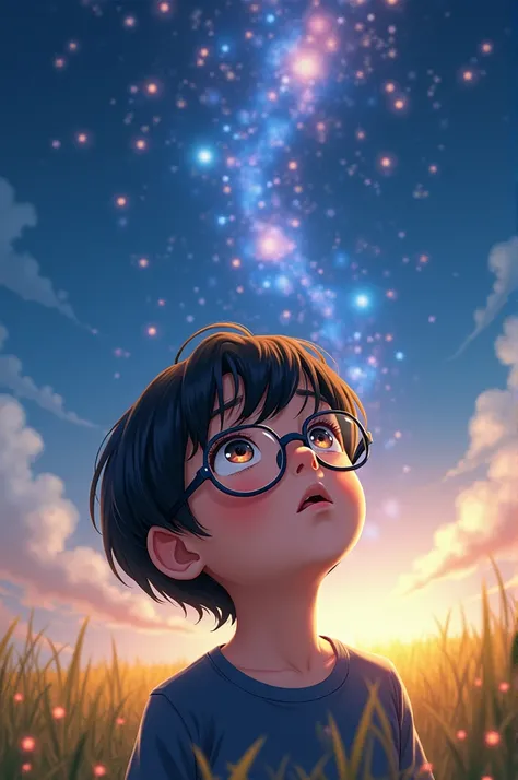 A young boy with glasses 
 Straight hair with bangs 
Your eyes are stars 
Is he surprised by something? 