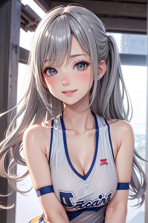 ( BEST QUALITY , Hi-Res,8k,inelity detailed background, Masterpiece:1.2), Beautiful Girl,( glossy romance gray hair:1.3),(long hair:1.2),twin tail,Beautiful grey eyes,cheerleader,Big Breasts,(under boobs:1.2),from below,Stadium,support,Gentle look,A refres...