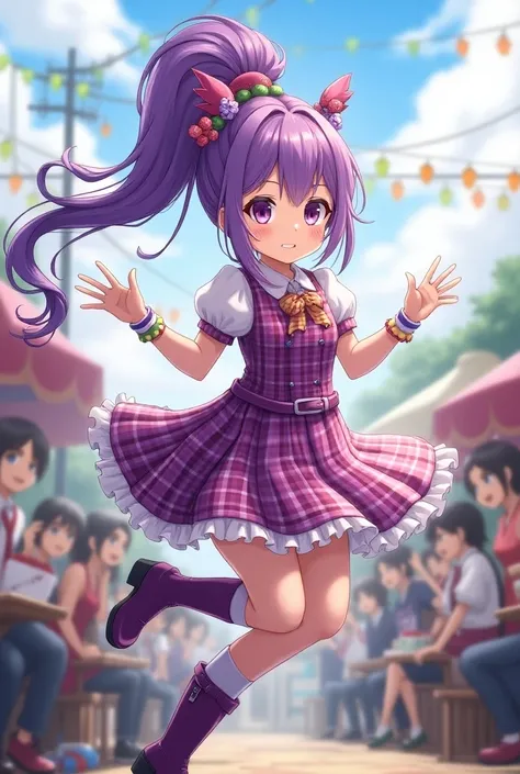  a purple long hair in a barbecue， A ponytail is flying high， Hair Lots of Cute Dolls Hairstyle Ornaments，The Japanese sister， Wearing Purple Plaid Dress ， Long Purple Plaid Socks ，Purple Boots ，very cute，Participating in a singing contest。Logo all over